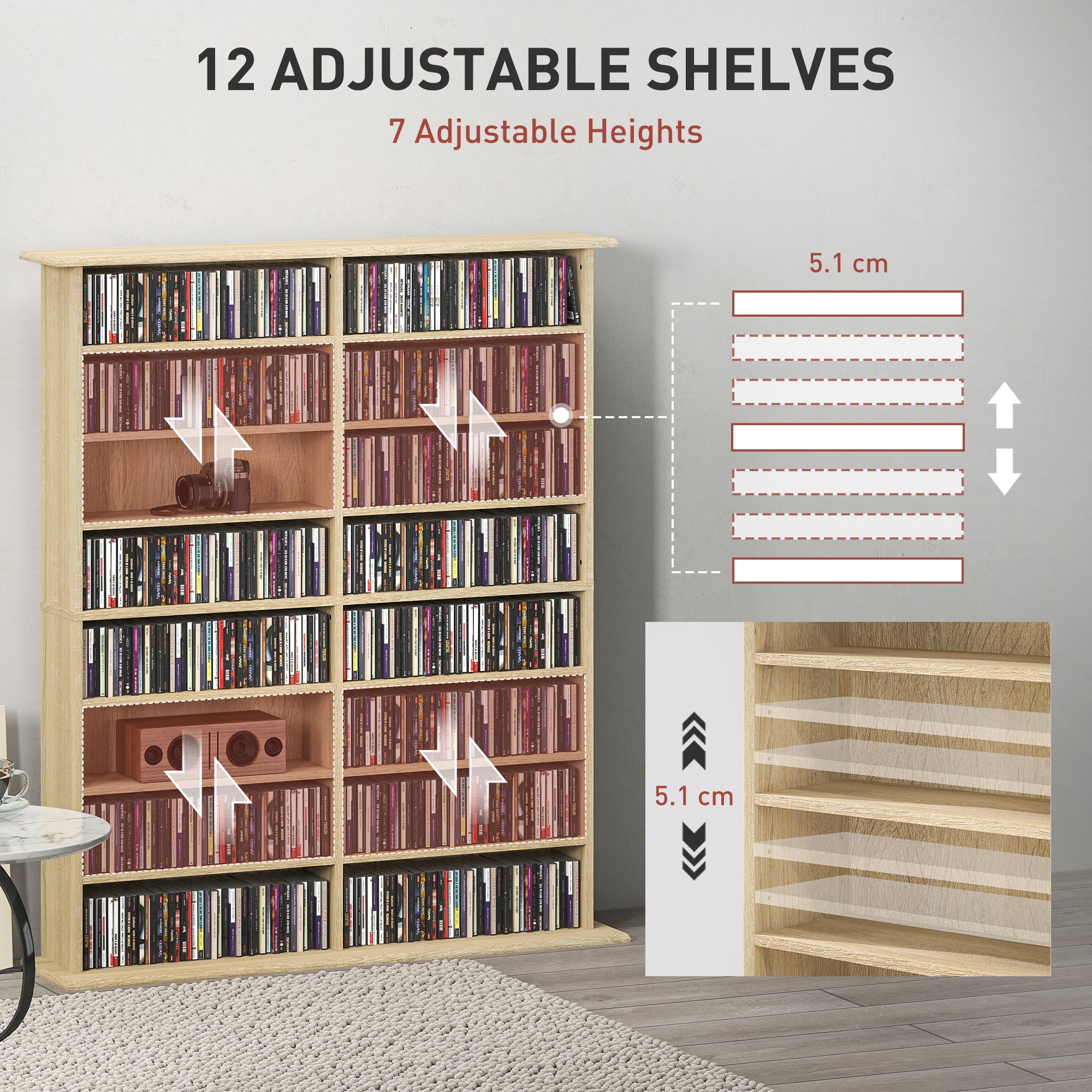 8-Tier DVD Shelf with 12 Adjustable Shelves, Double CD Shelf, Holds 720 CDs, 396 DVDs or 396 Blu-rays, Natural Wood