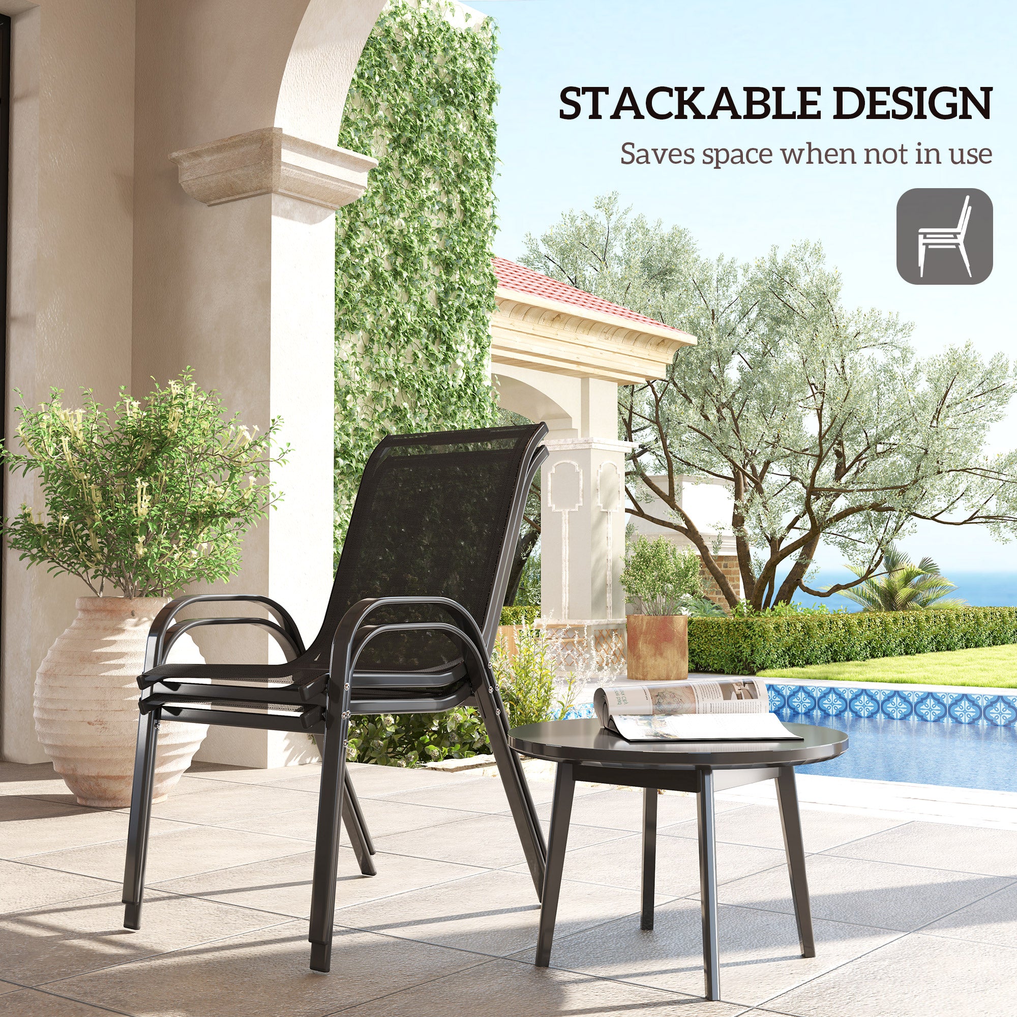 Set of 4 Outdoor Dining Chairs, Stackable Lawn Chairs with High Back, Breathable Mesh Seat for Garden Porch, Black