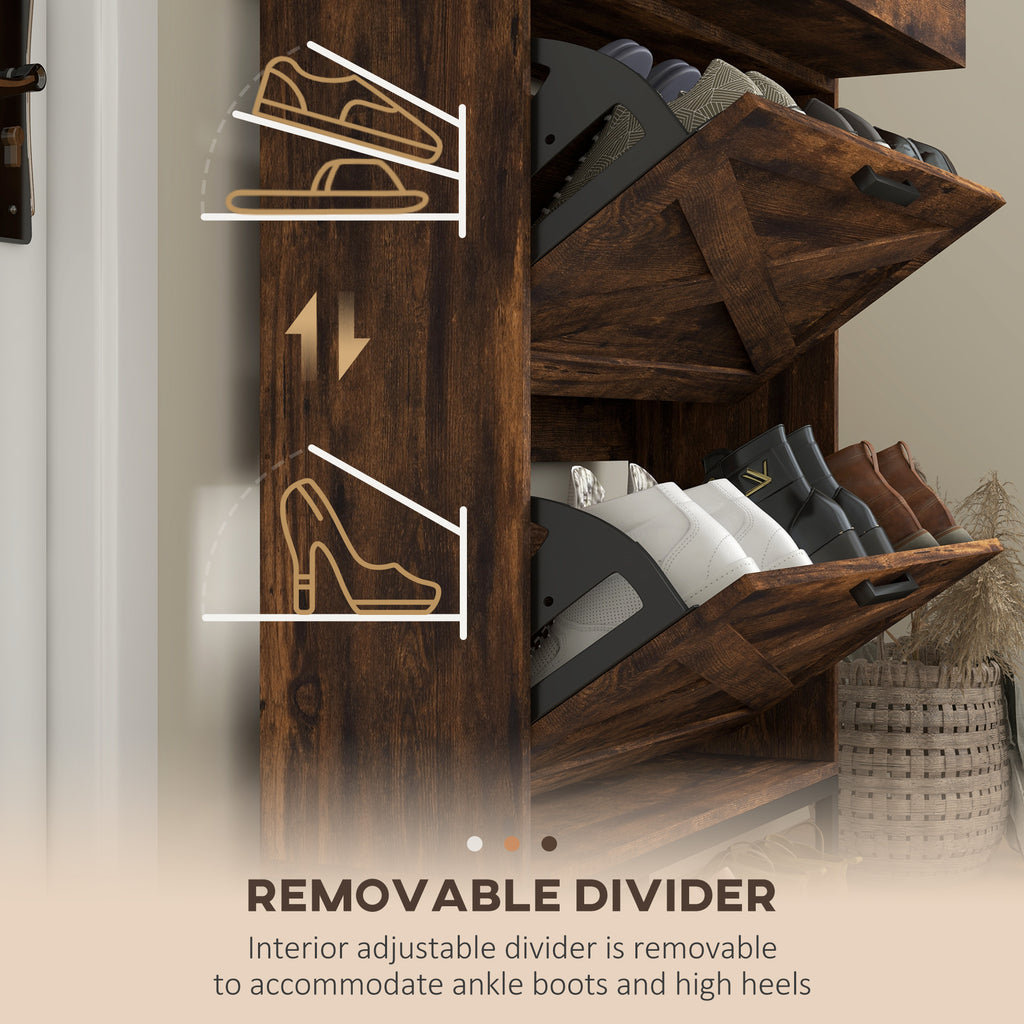 Slim Shoe Storage with 2 Flip Drawers and Adjustable Shelves Shoe Cabinet Organizer for 12 Pair, Rustic Brown
