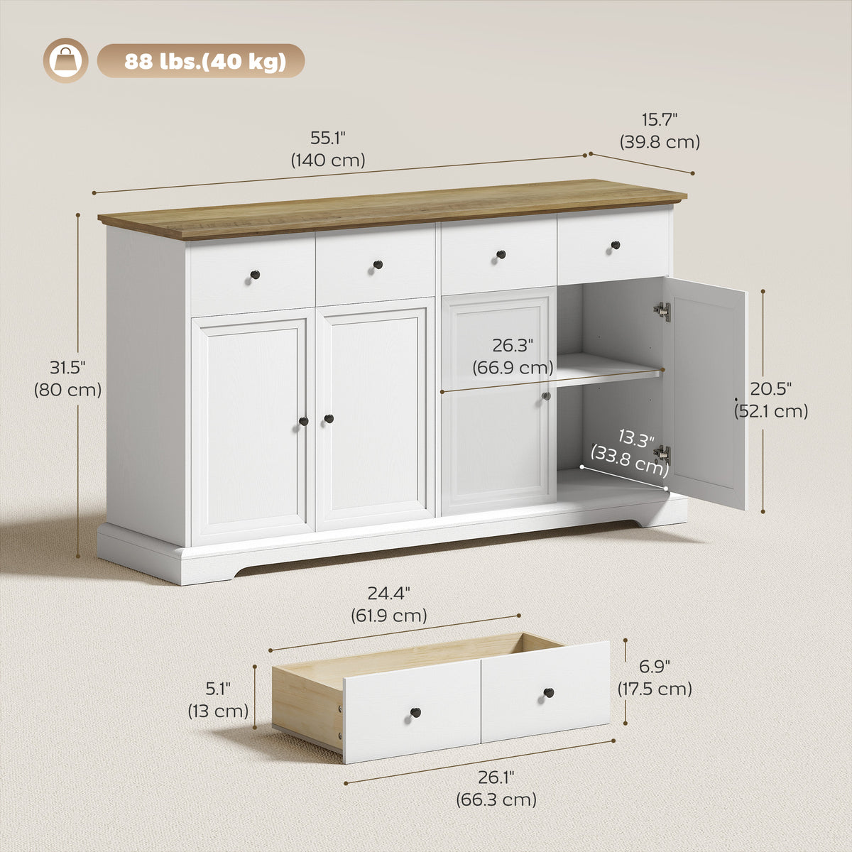 Sideboard Buffet Cabinet, 55" Farmhouse Kitchen Cabinet with Soft-Close Doors, 2 Drawers and 2 Adjustable Shelves