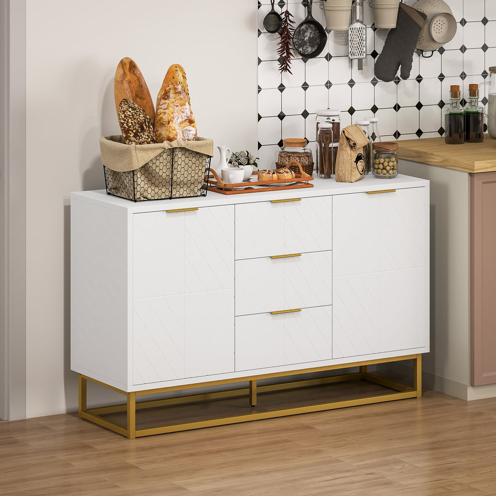 47" Storage Cabinet with Doors, Adjustable Shelves, 3 Drawers, Metal Legs for Kitchen Storage, Home Use, White