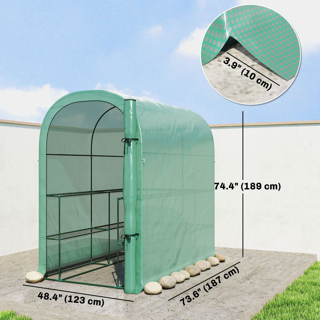 Walk-in Mini Greenhouse with Shelves, Portable Outdoor Greenhouse with Roll-up Door, 123 x 187 x 189 cm, White