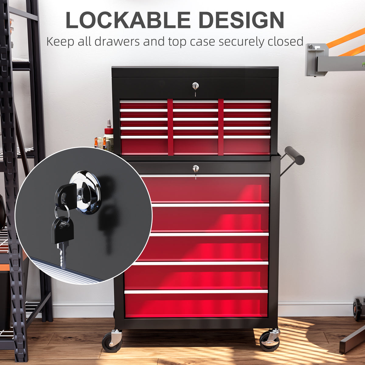 14 Drawer Rolling Tool Chest, Lockable Tool Storage Cabinet with Detachable Top Toolbox, Protective Liner, Black