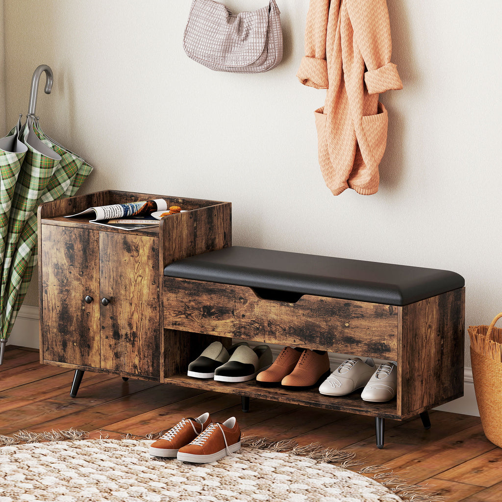 Storage Bench, Entryway Bench with Cushion, Hidden Storage, Compartments, Rustic Brown