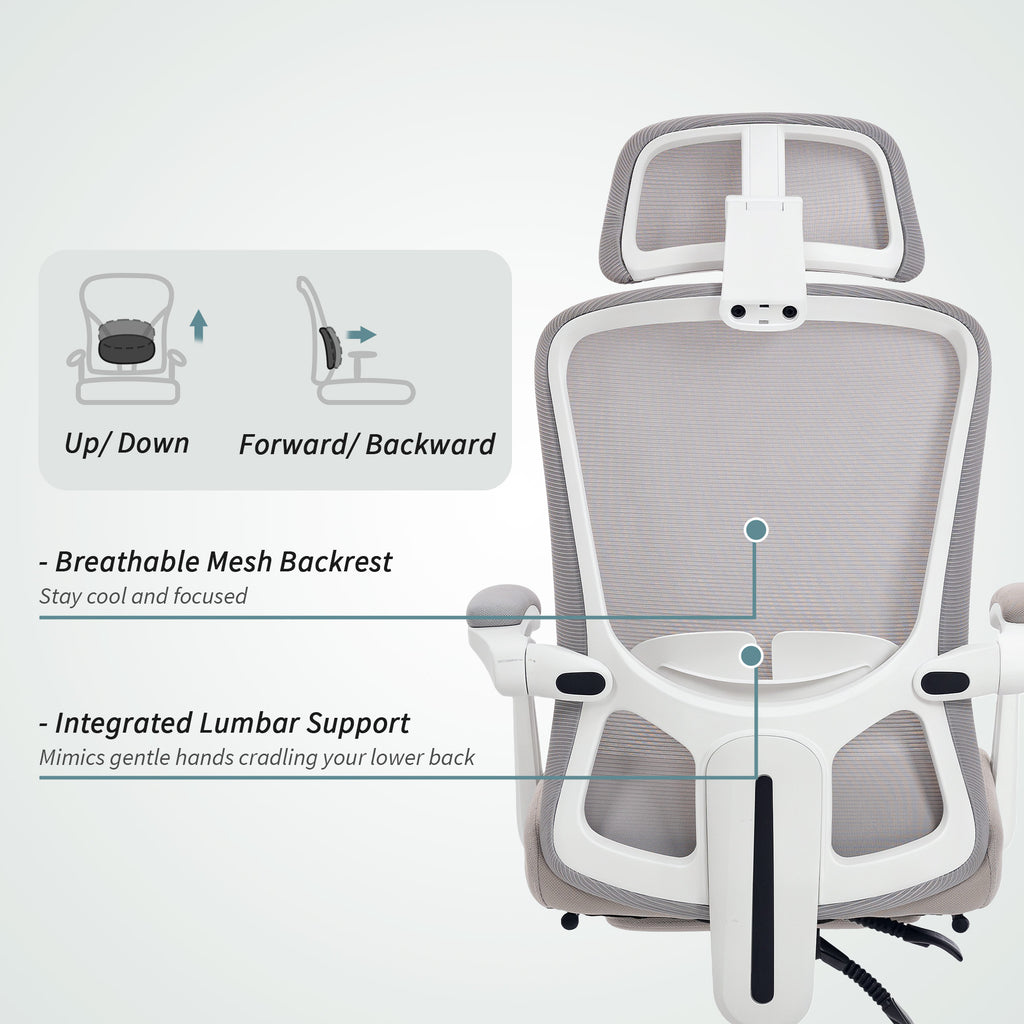 Ergonomic Office Chair, Mesh Reclining Desk Chair with Adjustable Lumbar Support, Headrest, Grey