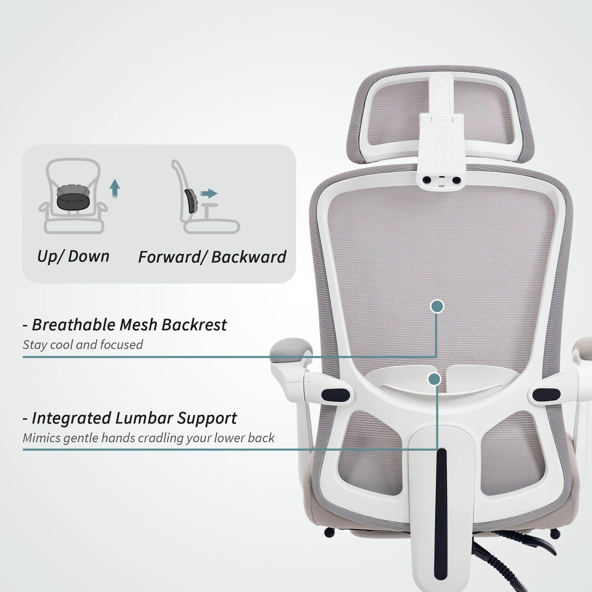 Ergonomic Office Chair, Mesh Reclining Desk Chair with Adjustable Lumbar Support, Headrest, Grey