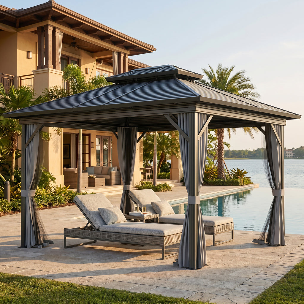 10' x 12' Hardtop Gazebo, Sun Shelter with Double Tier Metal Roof, Mosquito Netting, and Hanging Hook, Light Grey