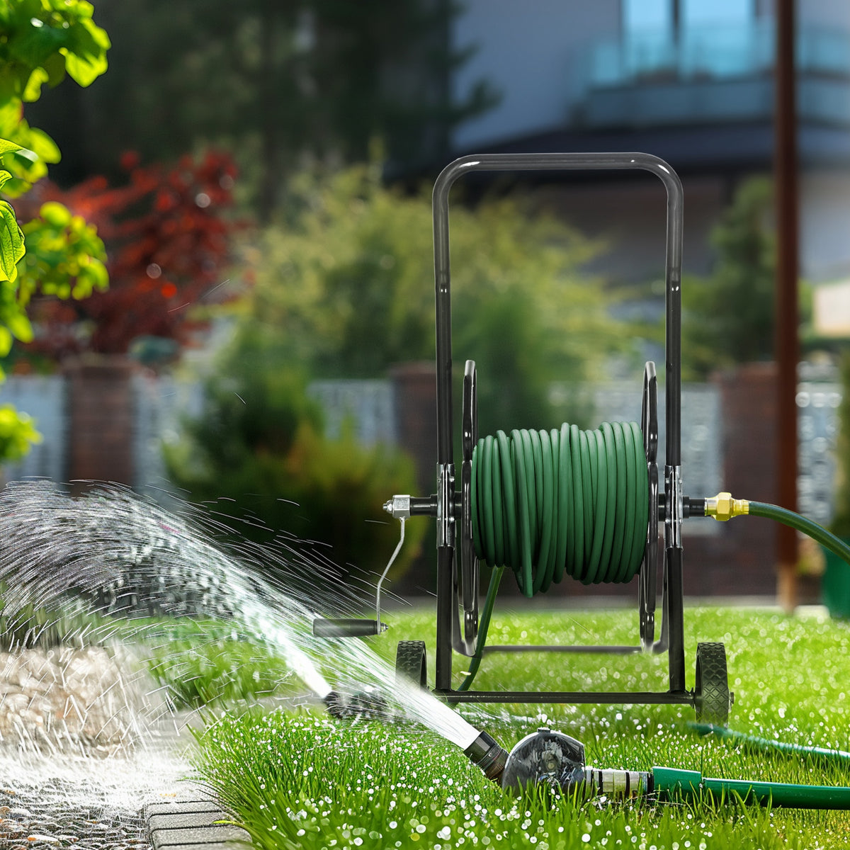 98 ft of 5/8" Hose Reel Cart (Hose Not Included), Garden Water Hose Carts with Wheels for Yard, Lawn, Blue