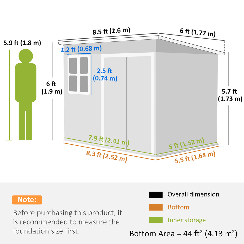 8.5' x 6' Galvanised Steel Outdoor Storage Shed, Garden Shed with Window, Lockable Wide Doors and Air Vents, Grey