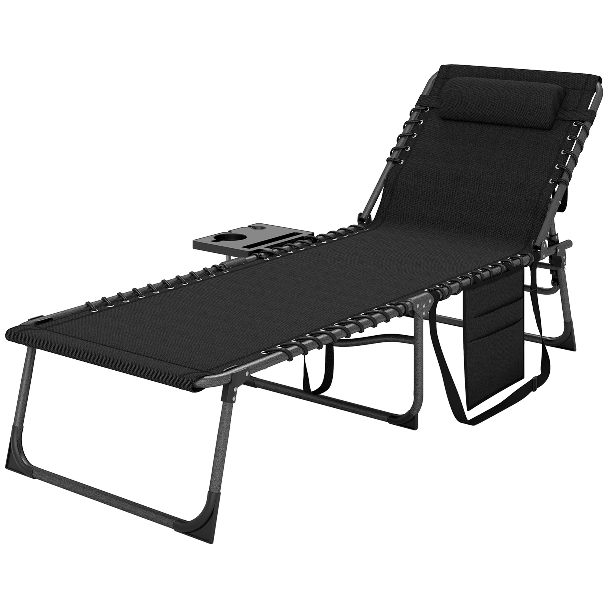 Folding Lounge Chair, Outdoor Chaise Lounge Tanning Chair with Adjustable Back, Side Table, Headrest, Red