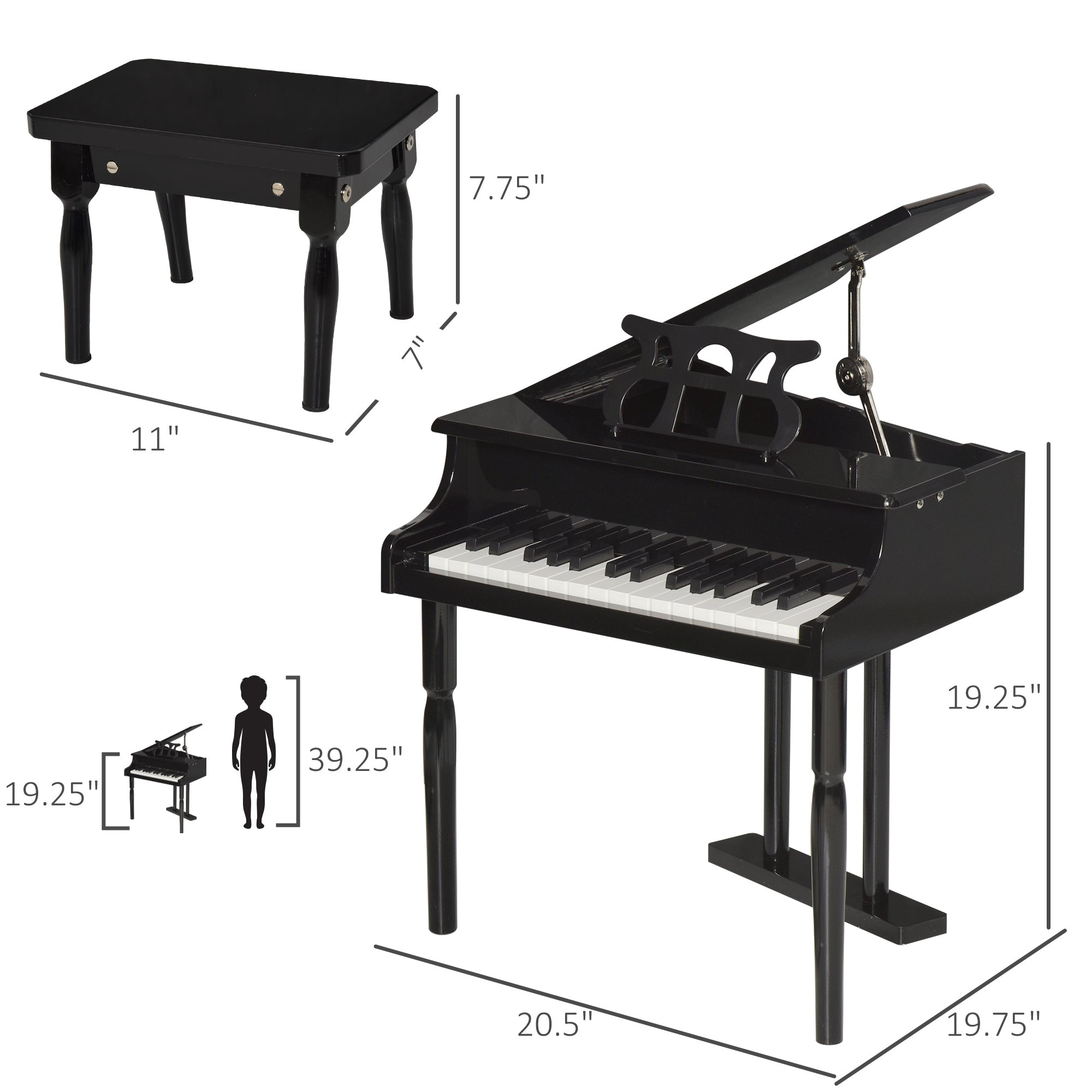 Modern Kids Piano, 30 Keys, Set of 2, Mini Toy for Child, Grand Piano with Music Stand and Bench, Ideal Gift, Black
