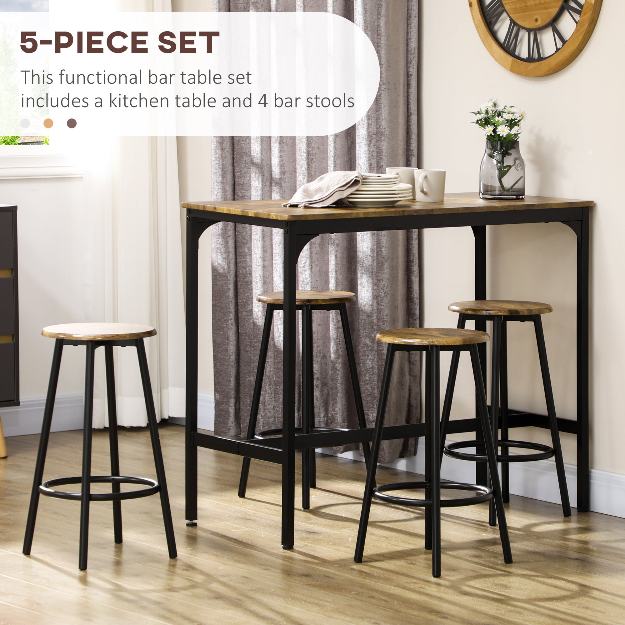5-Piece Bar Table Set for 4, Industrial Counter Height Bar Table and Chairs for Kitchen, Dining Room, Rustic Brown