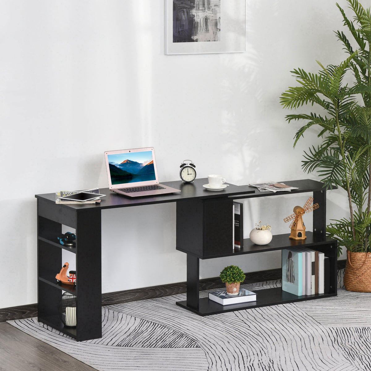 L Shaped Desk, 360° Rotating Corner Desk, Computer Writing Table Workstation with Storage Shelf for Home Office, Black