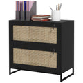 2-Drawer Filing Cabinet with Lock, Rattan File Cabinet with Adjustable Hanging Bar, Black