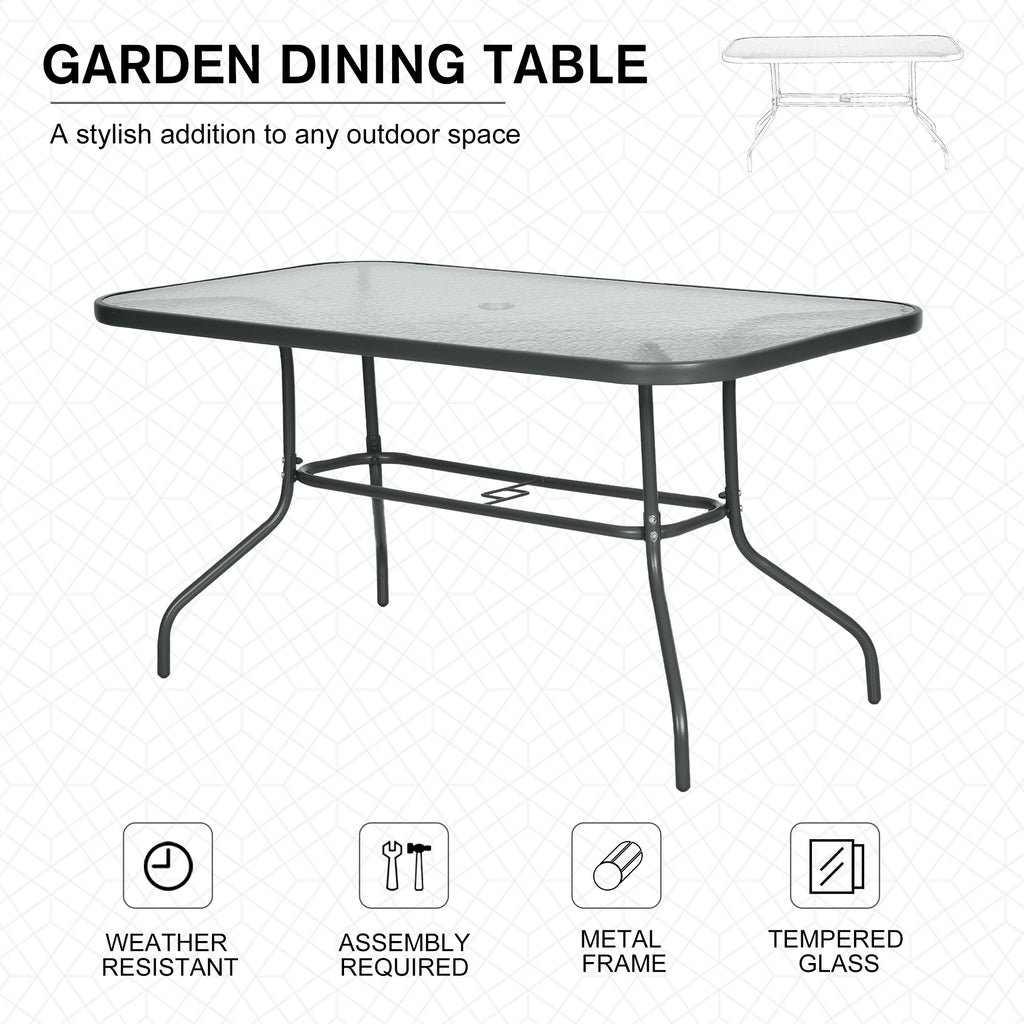 Metal Garden Dining Table with Umbrella Hole, Outdoor Patio Table with Tempered Glass Top, 47.25" x 31.5"