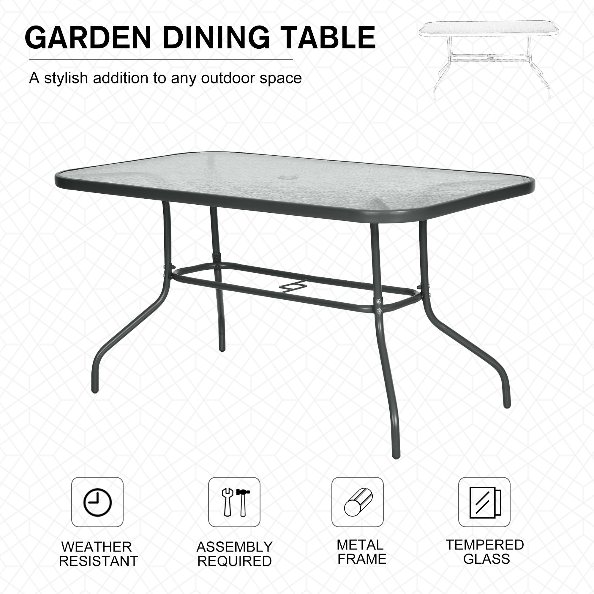 Metal Garden Dining Table with Umbrella Hole, Outdoor Patio Table with Tempered Glass Top, 47.25" x 31.5"