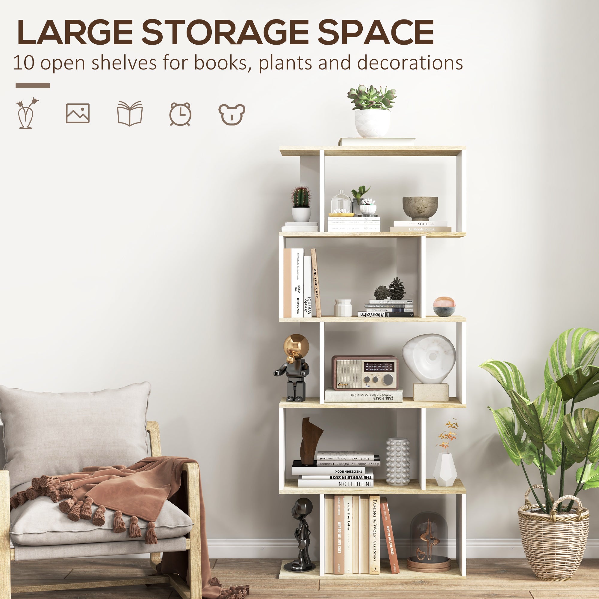 5-Tier Bookshelf, Geometric S Shaped Bookcase, Tall Narrow Display Shelf for for Living Room, Study Room, White
