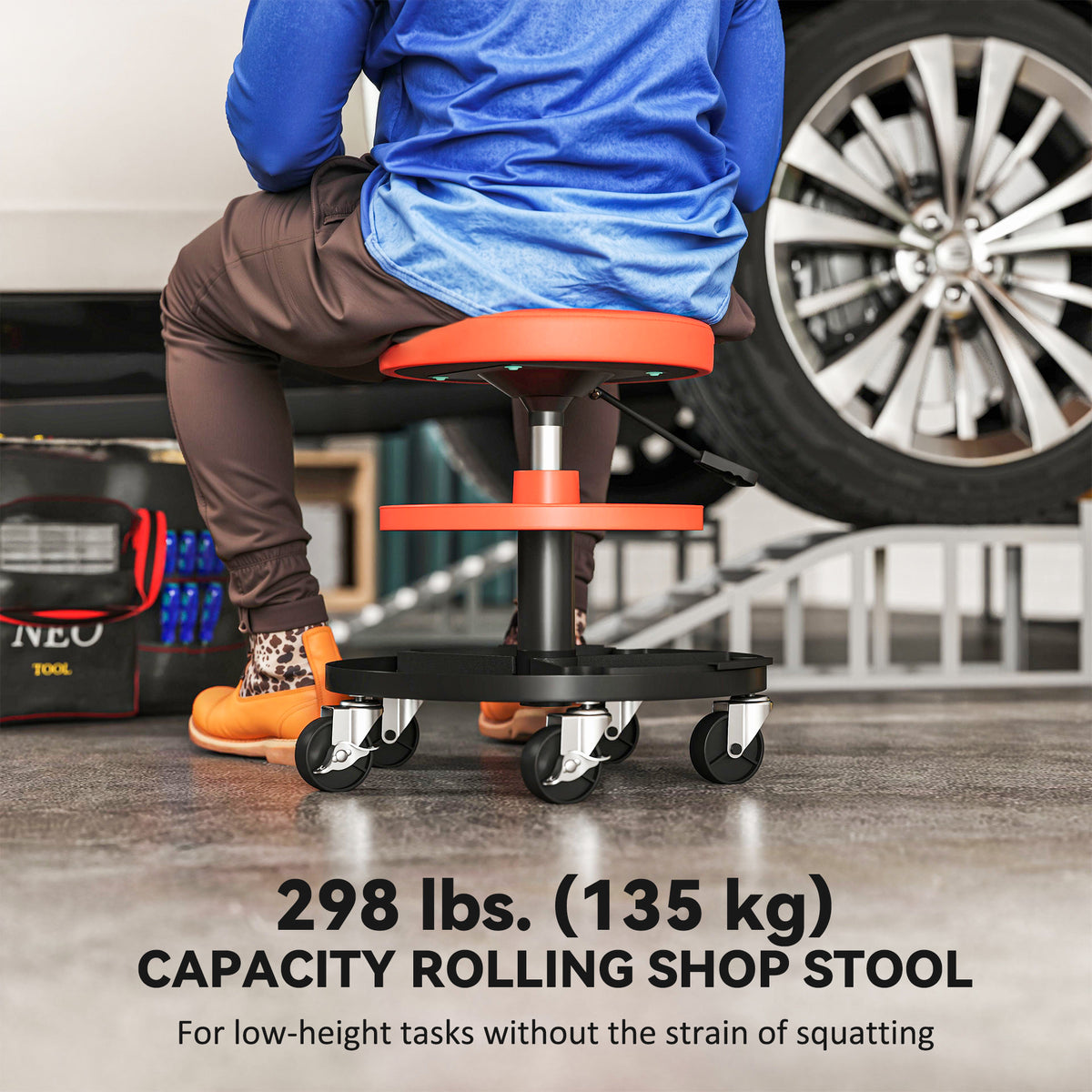 Rolling Garage Stool, 300 LBS Capacity Mechanic Stool with 2.5" Wheels, Tool Trays Storage, Adjustable Height, Orange