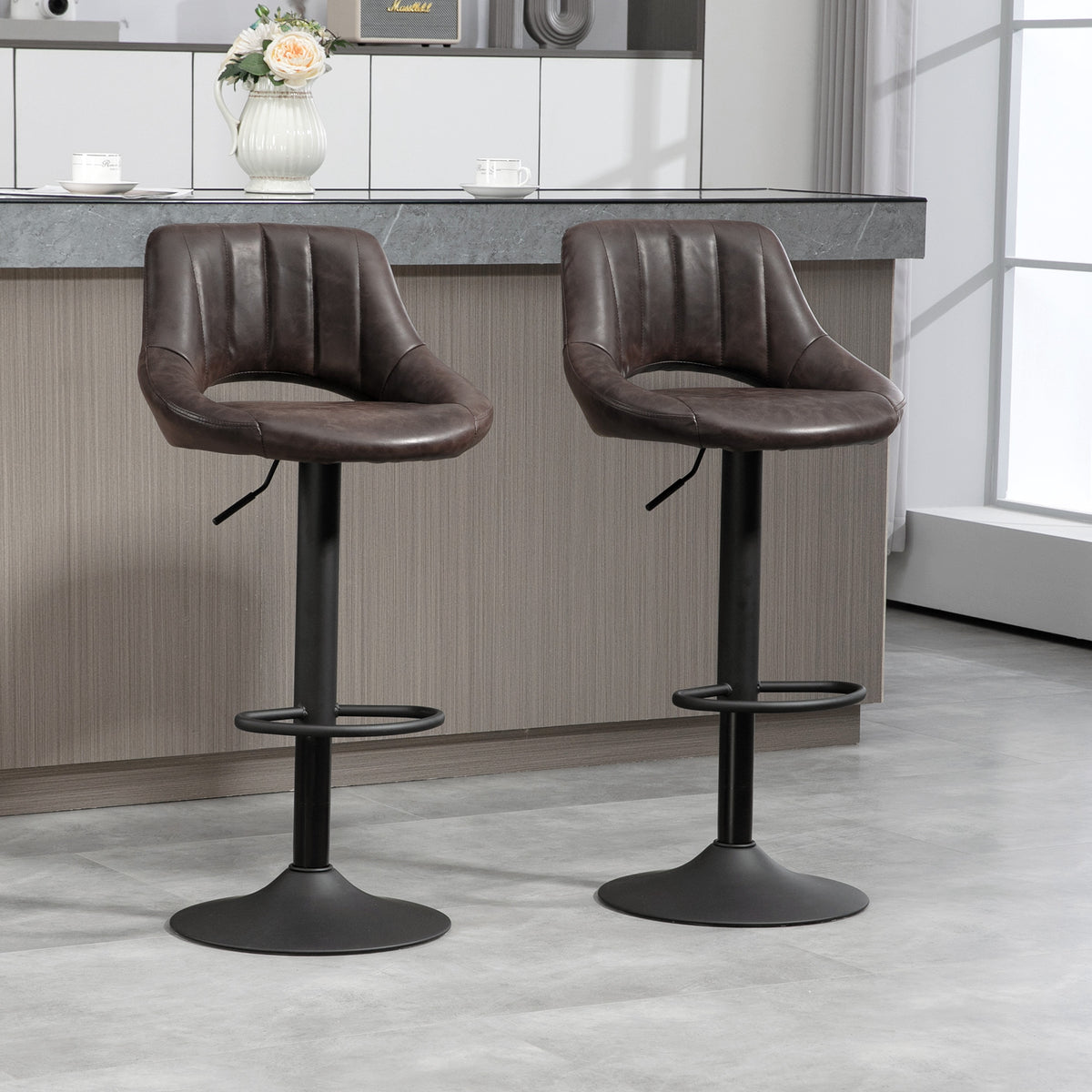 Swivel Bar Stools Set of 2, Faux Leather Upholstered Counter Height Barstools with Round Metal Base