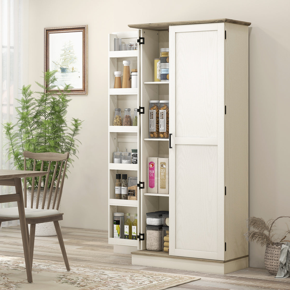 70" Tall Kitchen Pantry Cabinet with Door Shelves and Adjustable Shelves, Cream White