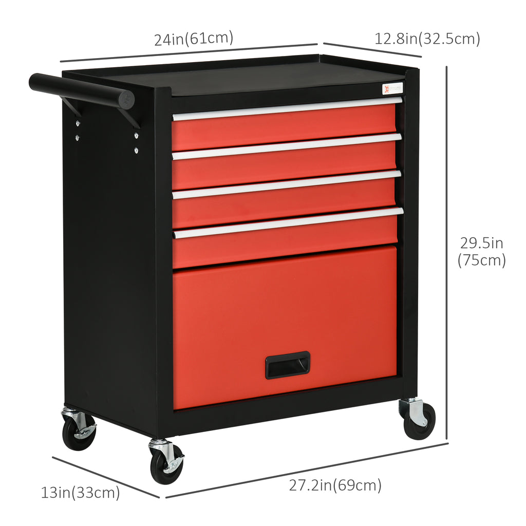 4-Drawer Tool Chest with 4 Wheels, Rolling Tool Box and Storage Cabinet, Portable Tool Organizer for Garage, Red