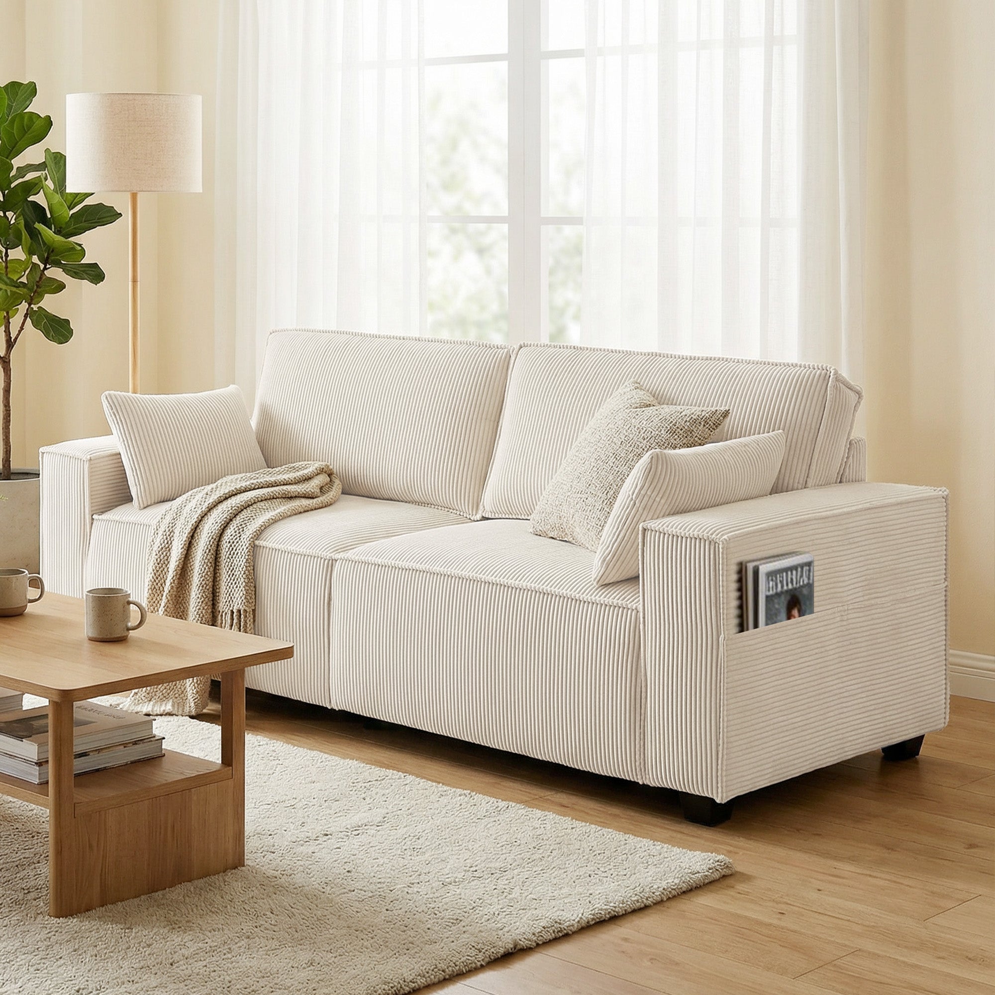 86" 3 Seater Sofa, Modern Corduroy Upholstered Couch, Beige