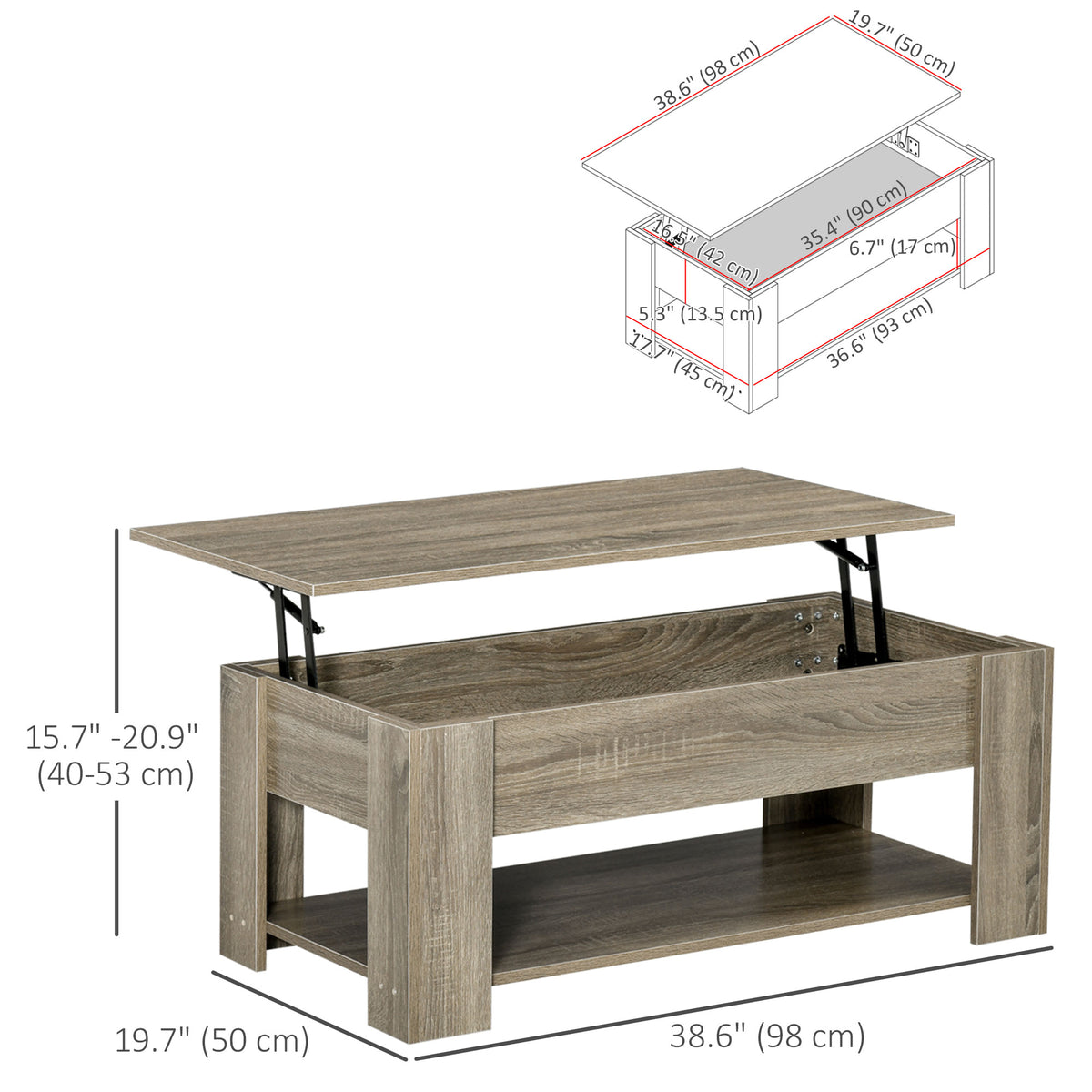 Lift Top Coffee Table with Hidden Storage Compartment and Open Shelf, Center Table for Living Room, Grey