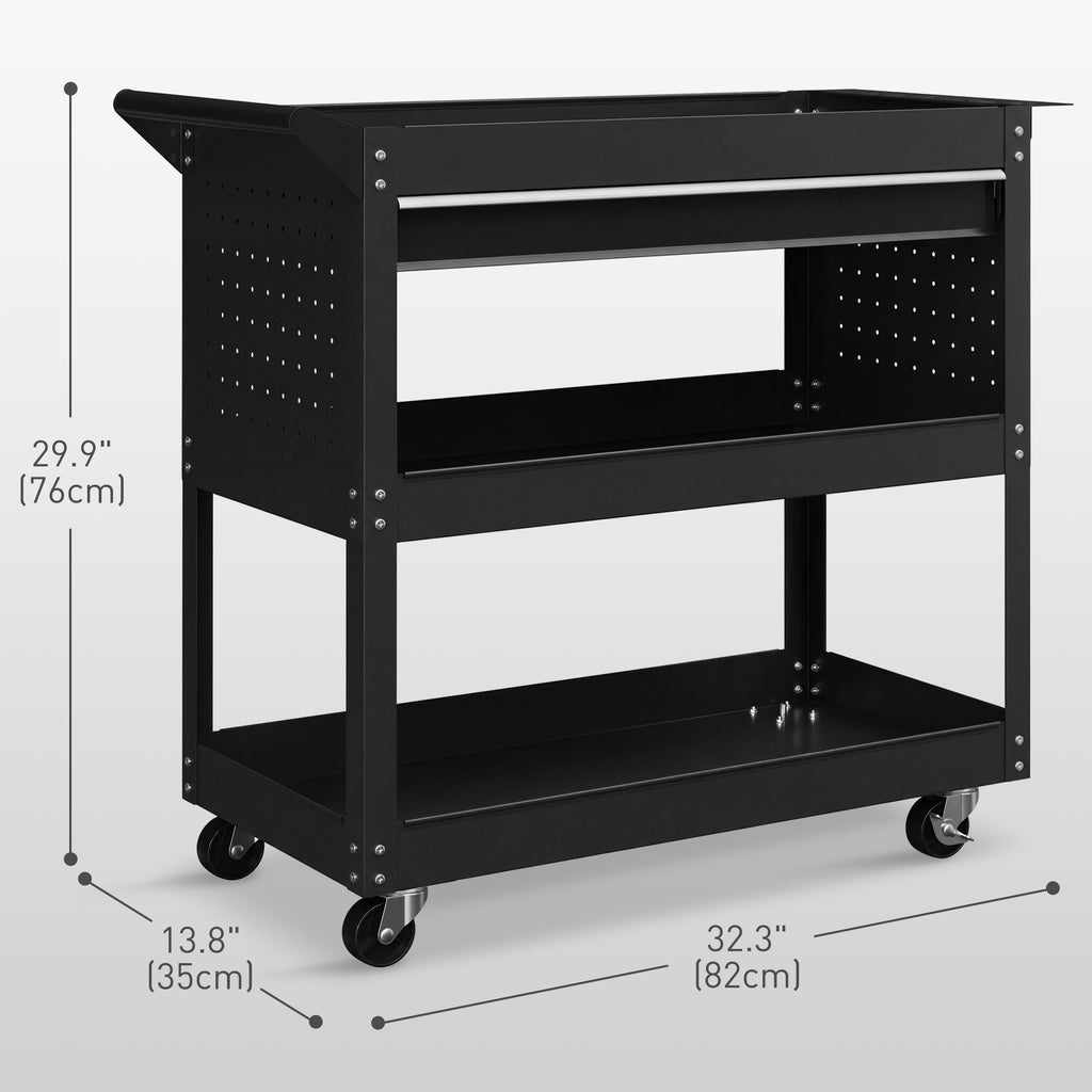 Tool Cart on Wheels, Utility Cart with Wheels, Ball Bearing Drawer, Storage Trays for Garage, Warehouse, Black