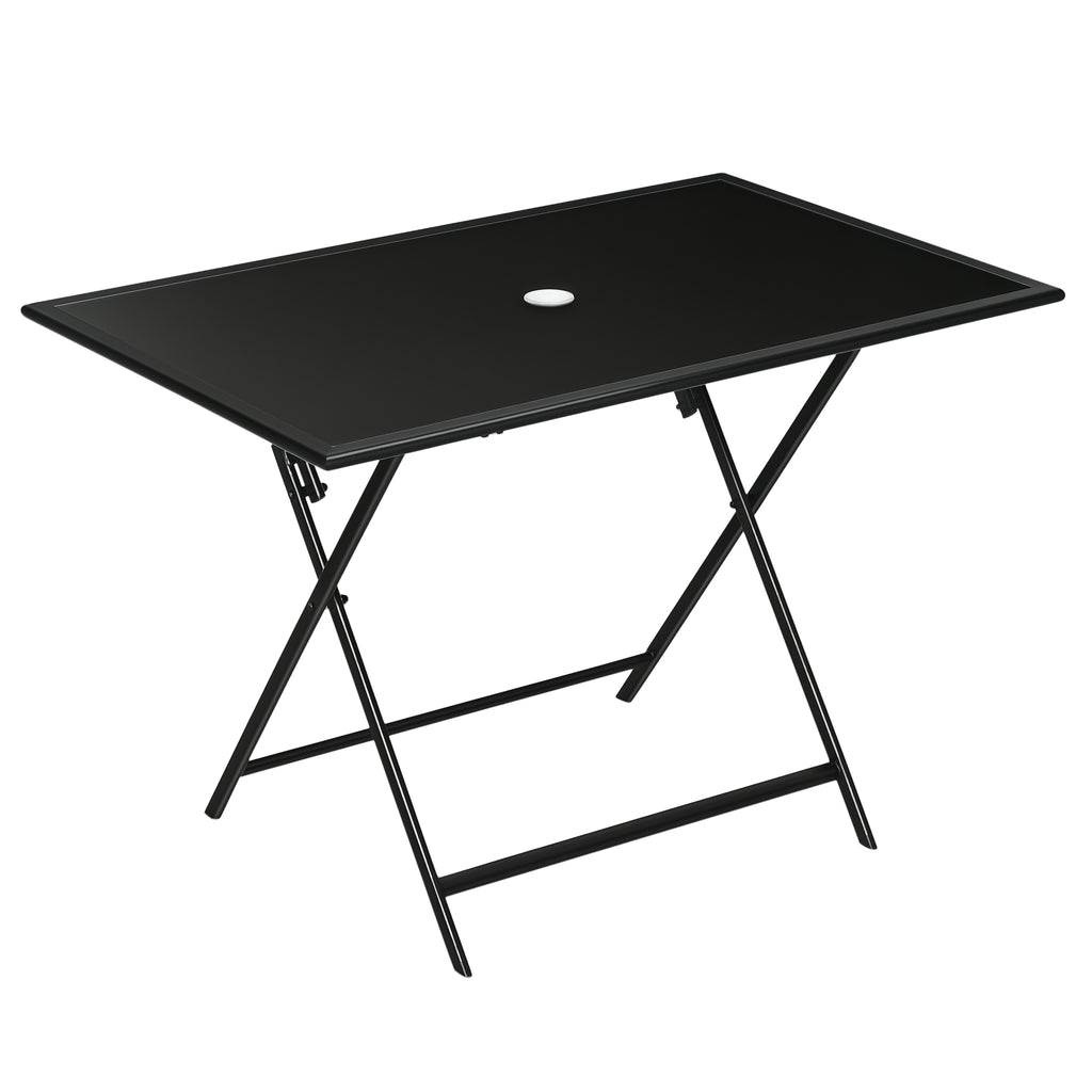 Foldable Outdoor Dining Table with Umbrella Hole, Patio Table for 6 with Glass Top Table, Metal Frame for Garden Lawn Backyard, Black