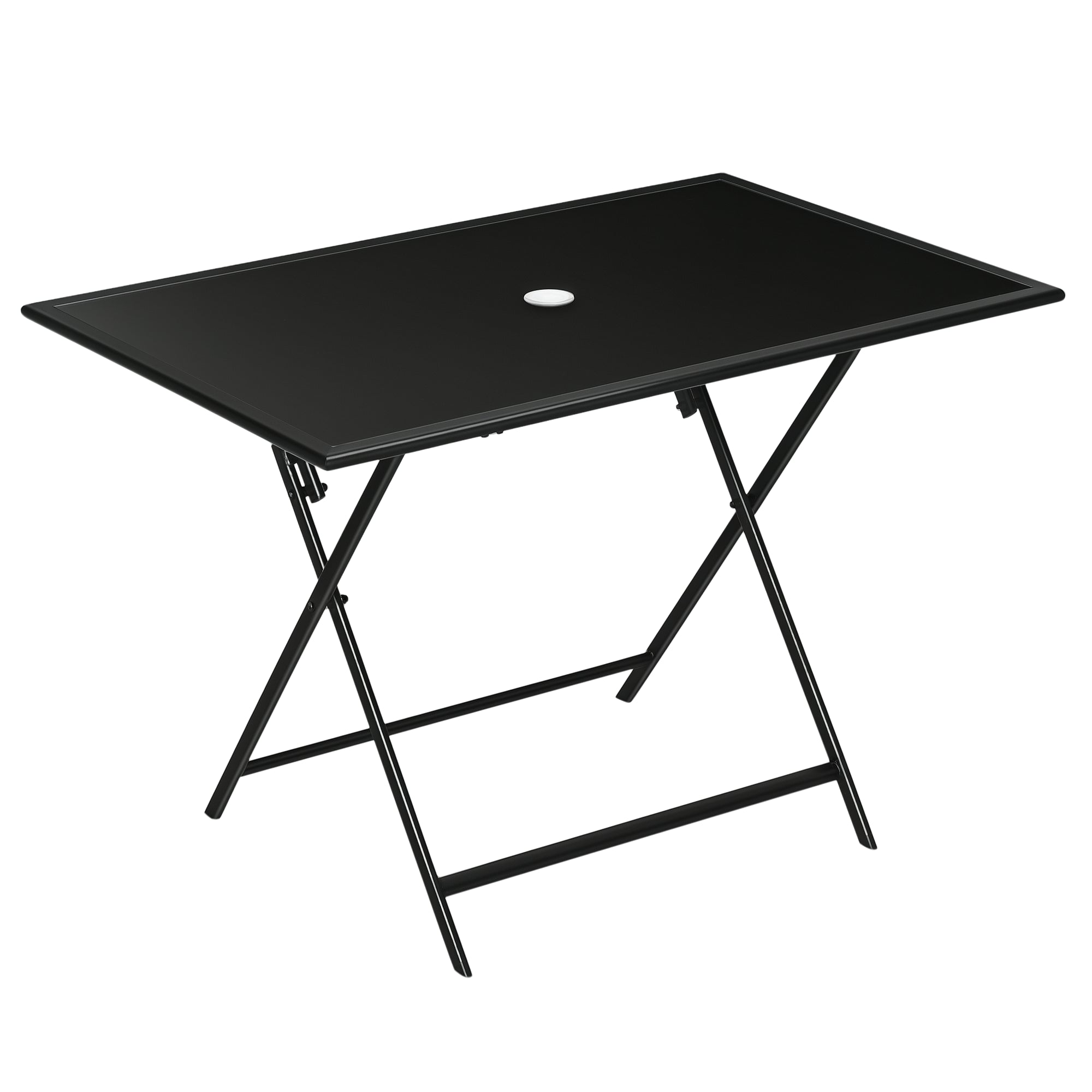 Foldable Outdoor Dining Table with Umbrella Hole, Patio Table for 6 with Glass Top Table, Metal Frame for Garden Lawn Backyard, Black