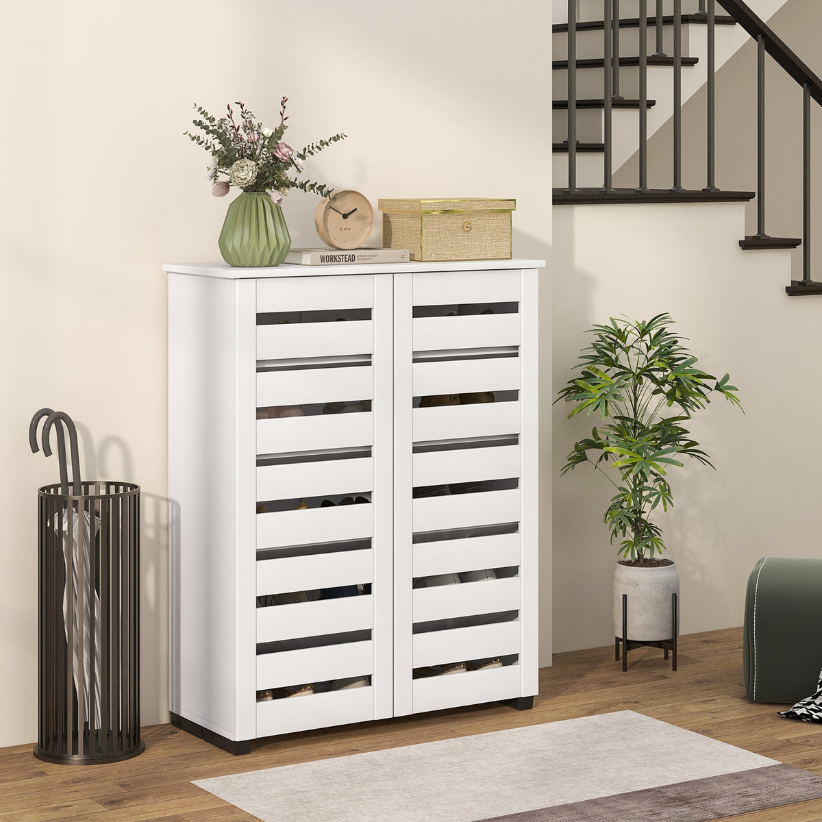 Shoe Storage Cabinet, Shoe Cabinet with 2 Slatted Doors for 15 Pairs of Shoes, Black
