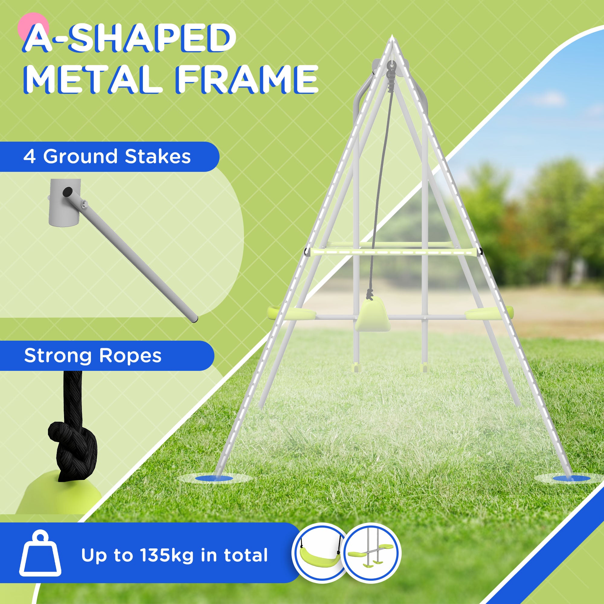 Swing Set for Kids, Heavy Duty A-Frame Metal Swing Frame with Glider, Swing Seat, Ground Stakes for Backyard, Green