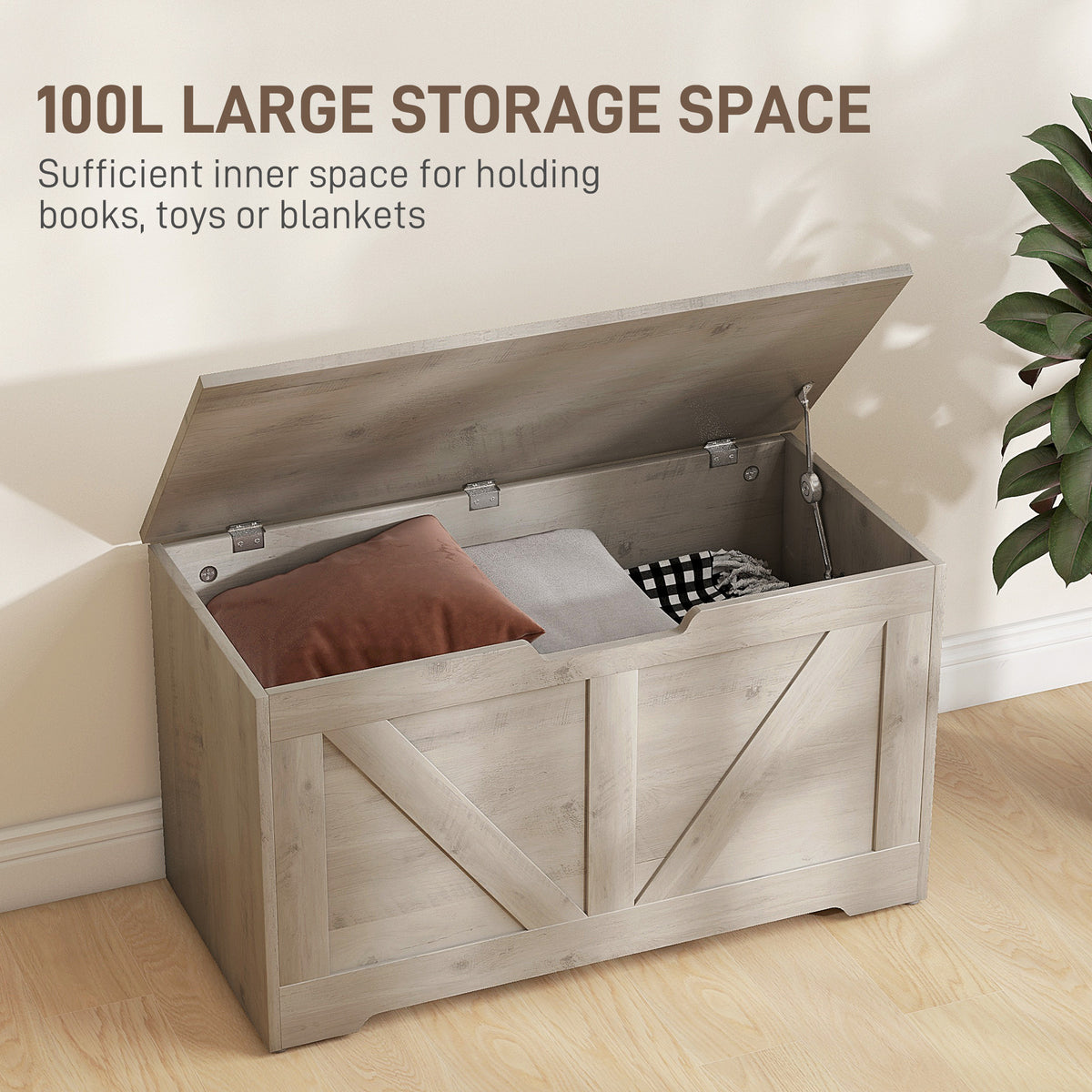39.4 Inches Storage Chest, Storage Trunk with 2 Safety Hinges for Living Room, Black Wood Grain