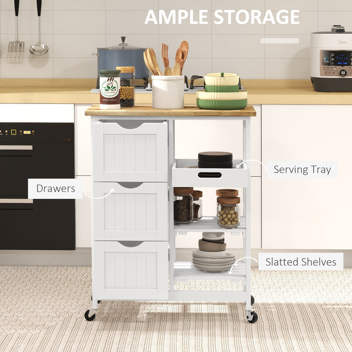 Kitchen Cart on Wheels, Rolling Kitchen Island Cart with Wood Top, 3 Drawers and Shelves for Home Dining Area