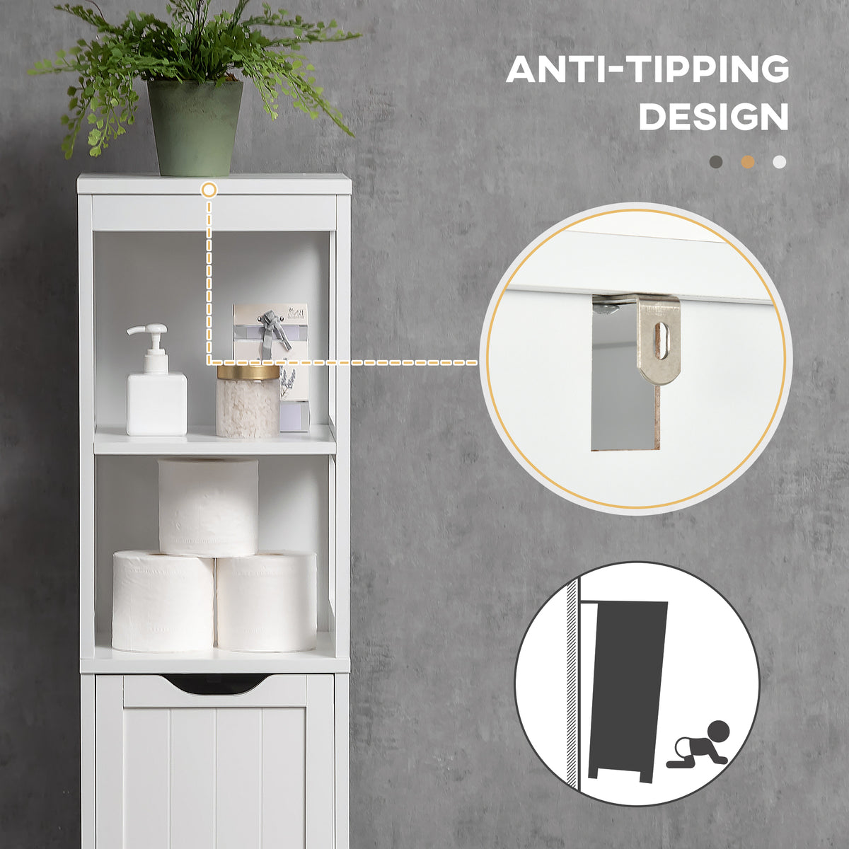 Narrow Bathroom Cabinet with 3 Drawers and 2 Tier Shelf, Tall Cupboard Freestanding Linen Tower, White