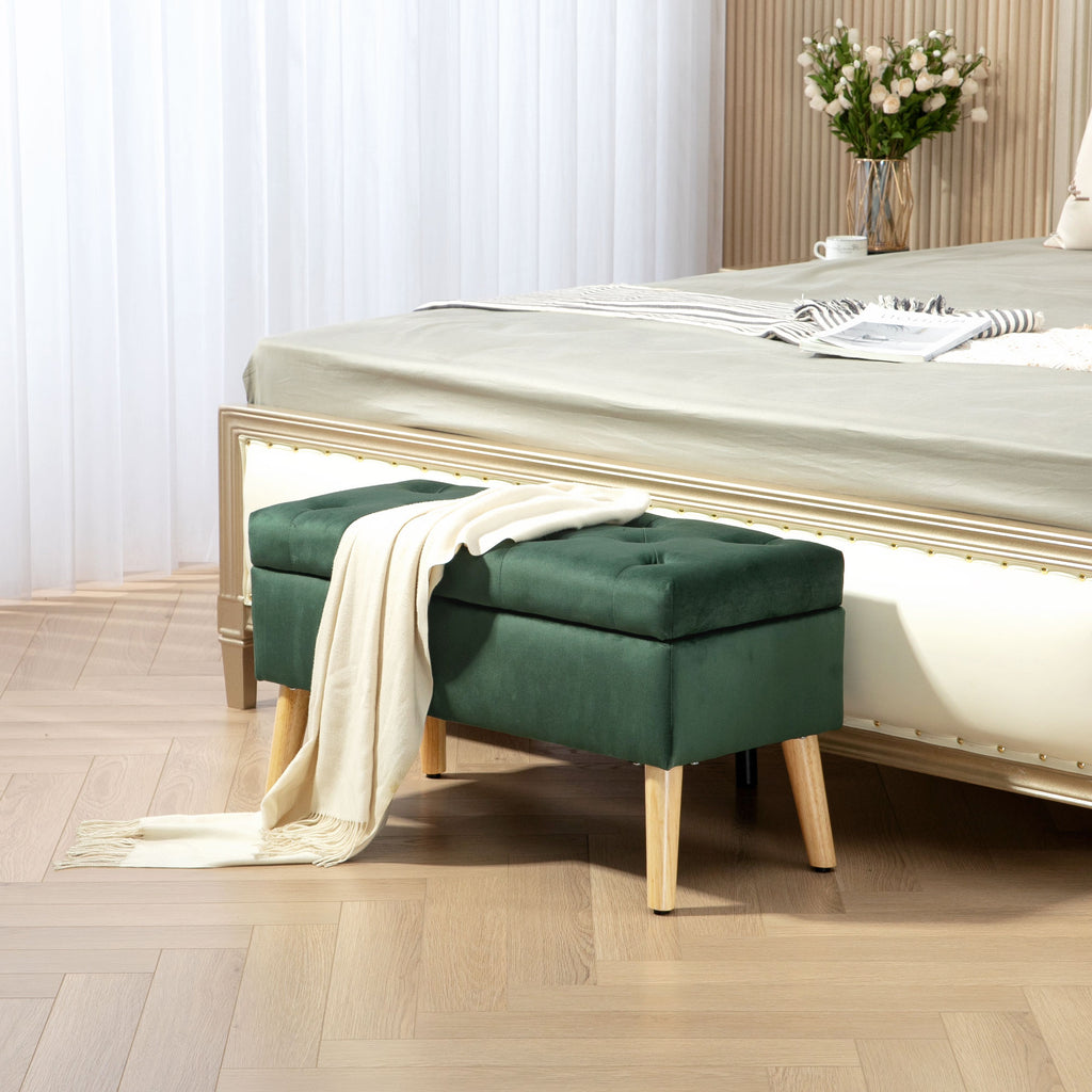 Storage Ottoman with Lid, Velvet Upholstered Storage Bench with Wood Legs for Living Room, Dark Green