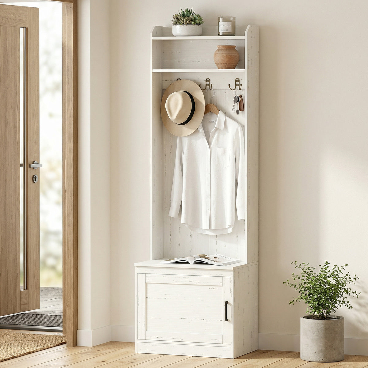 Modern Hall Tree with Shoe Storage Bench, Coat Rack and Shelves, White
