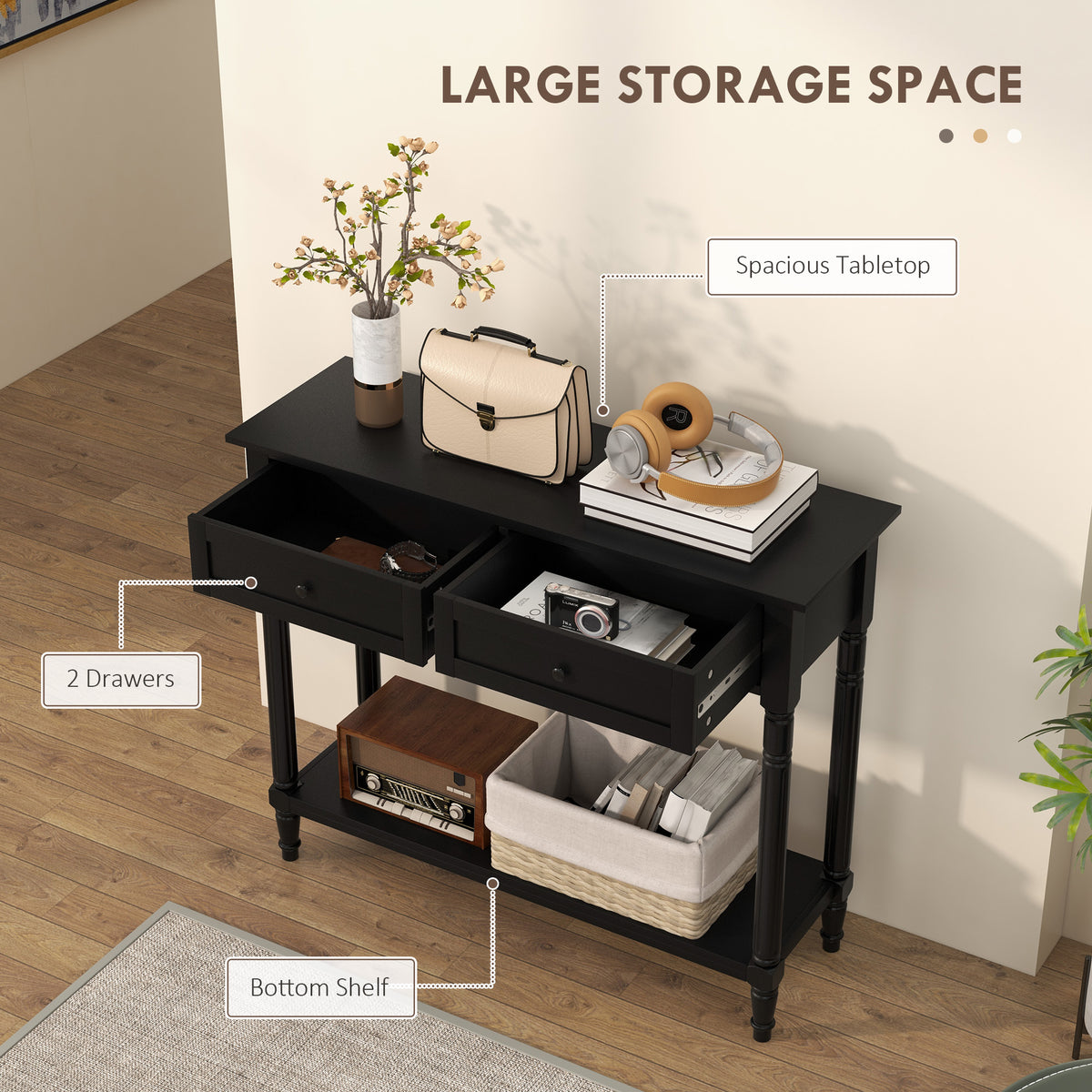Hallway Console Table, Modern Entryway Table with 2 Drawers, Storage Shelf, Turned Legs for Living Room, Bedroom, Black