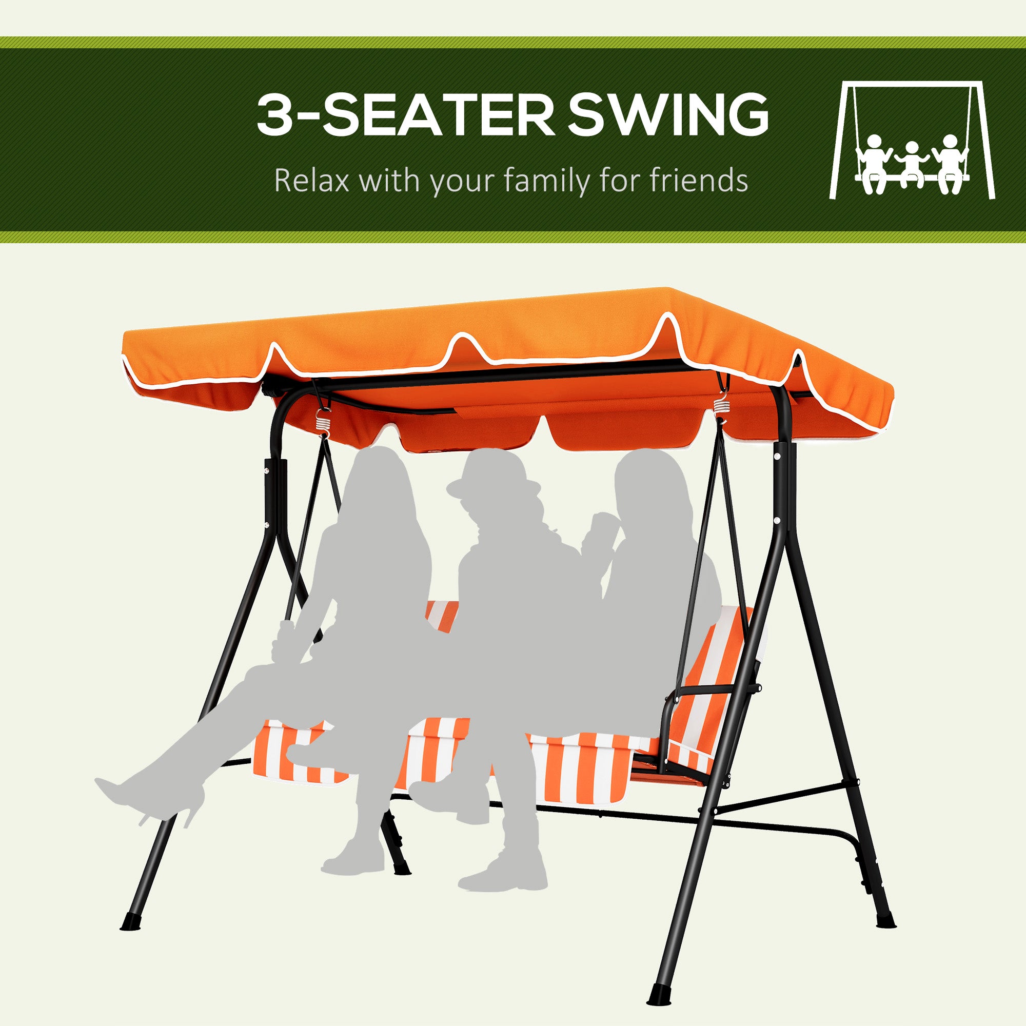 3-Seater Outdoor Porch Swing with Adjustable Canopy, Patio Swing Chair for Garden, Poolside, Backyard, Orange