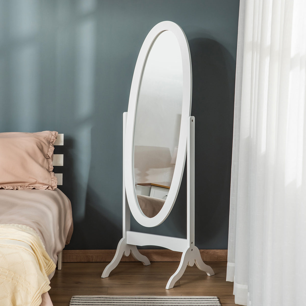 Floor Standing Mirror Full Length Mirror with Adjustable Angle Oval Frame for Dressing Room Bedroom Living Room White