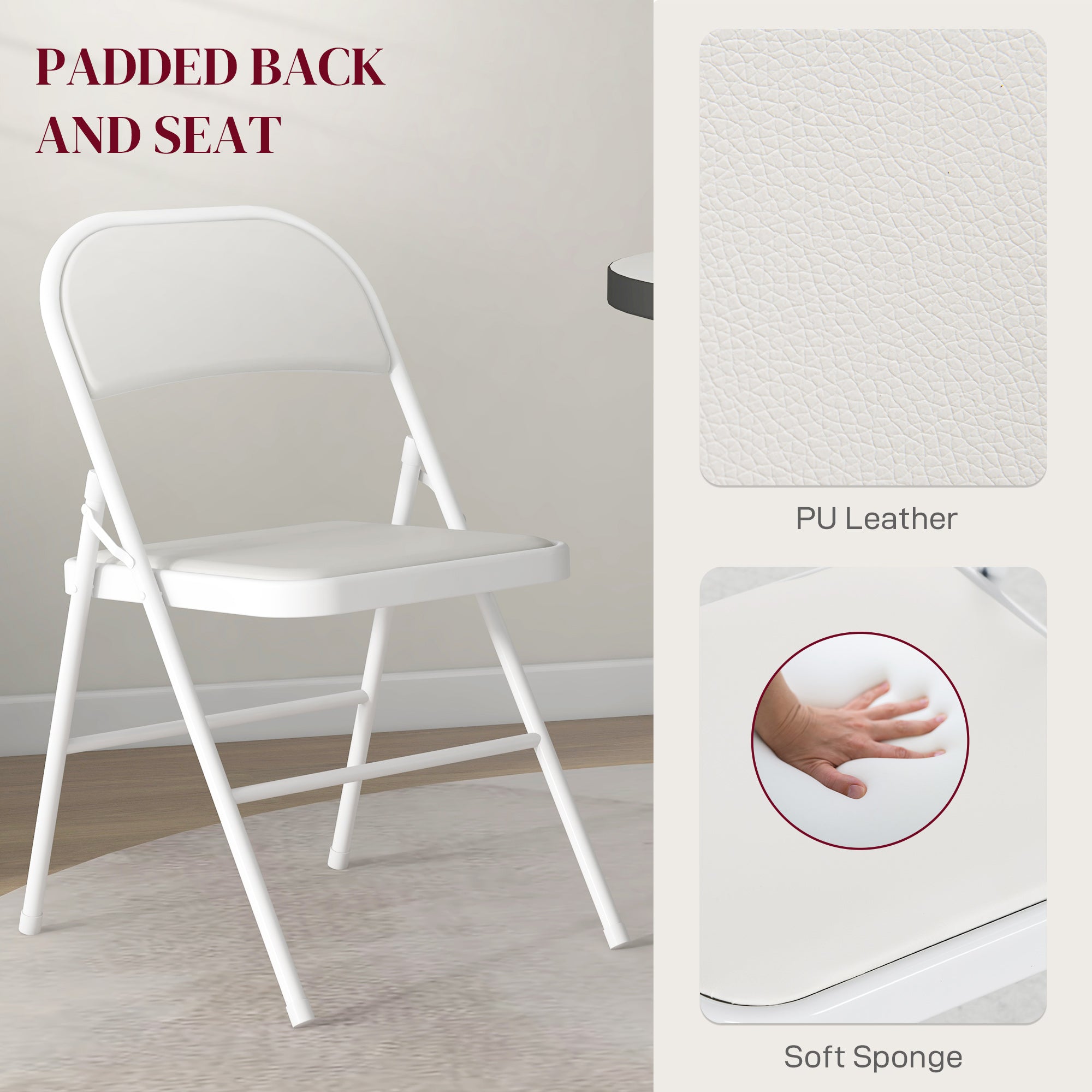 Set of 4 Metal Foldable Chairs, PU Leather Padded Folding Chairs with Cushion Seat and Open Back for Indoor, White