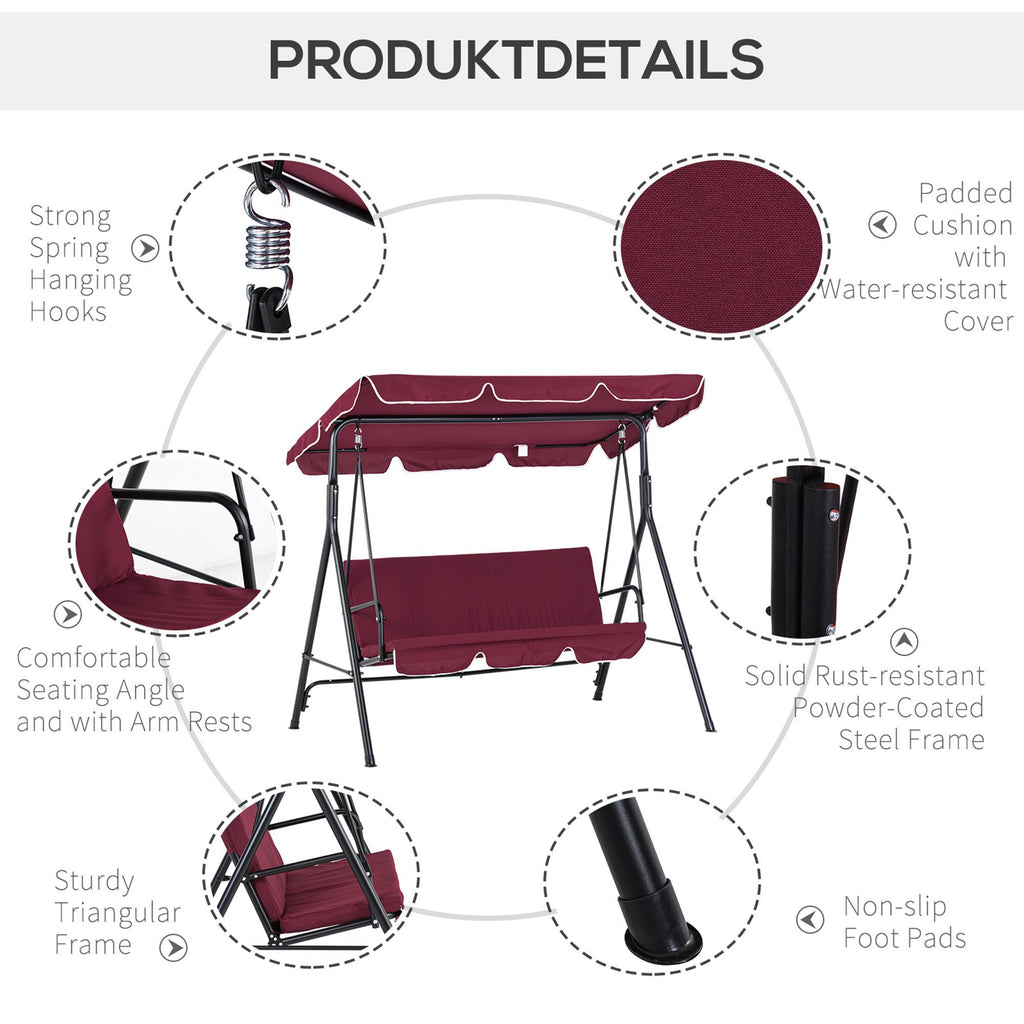 3-Seater Outdoor Porch Swing with Adjustable Canopy, Patio Swing Chair for Garden, Poolside, Backyard, Wine Red