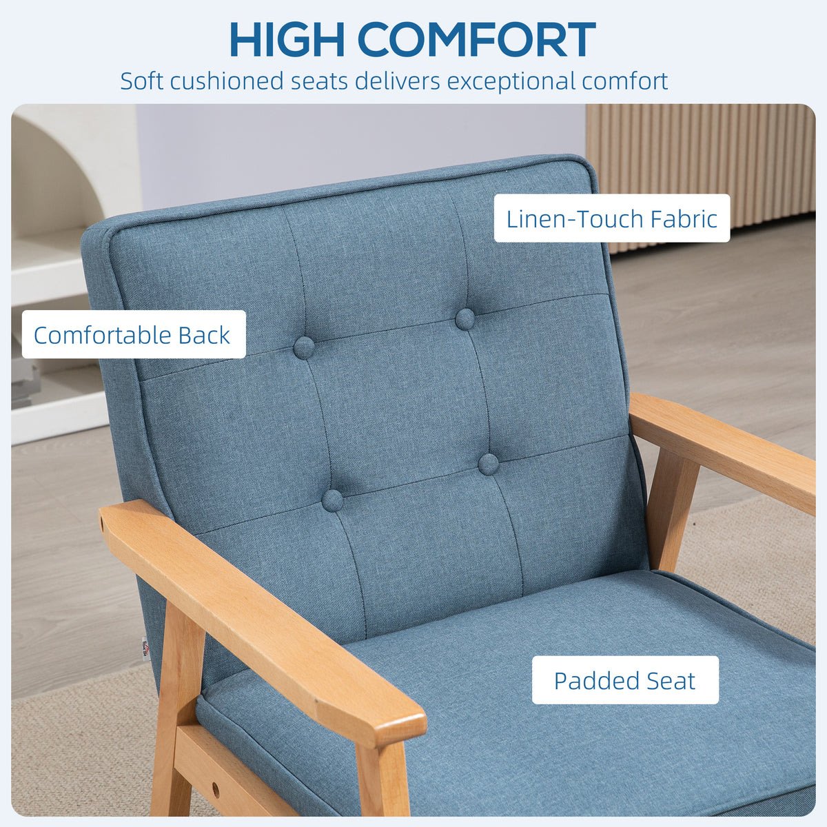 Modern Armchair Fabric, Accent Chair with Tufted Back, Wood Legs and Thick Padding for Living Room, Bedroom, Blue