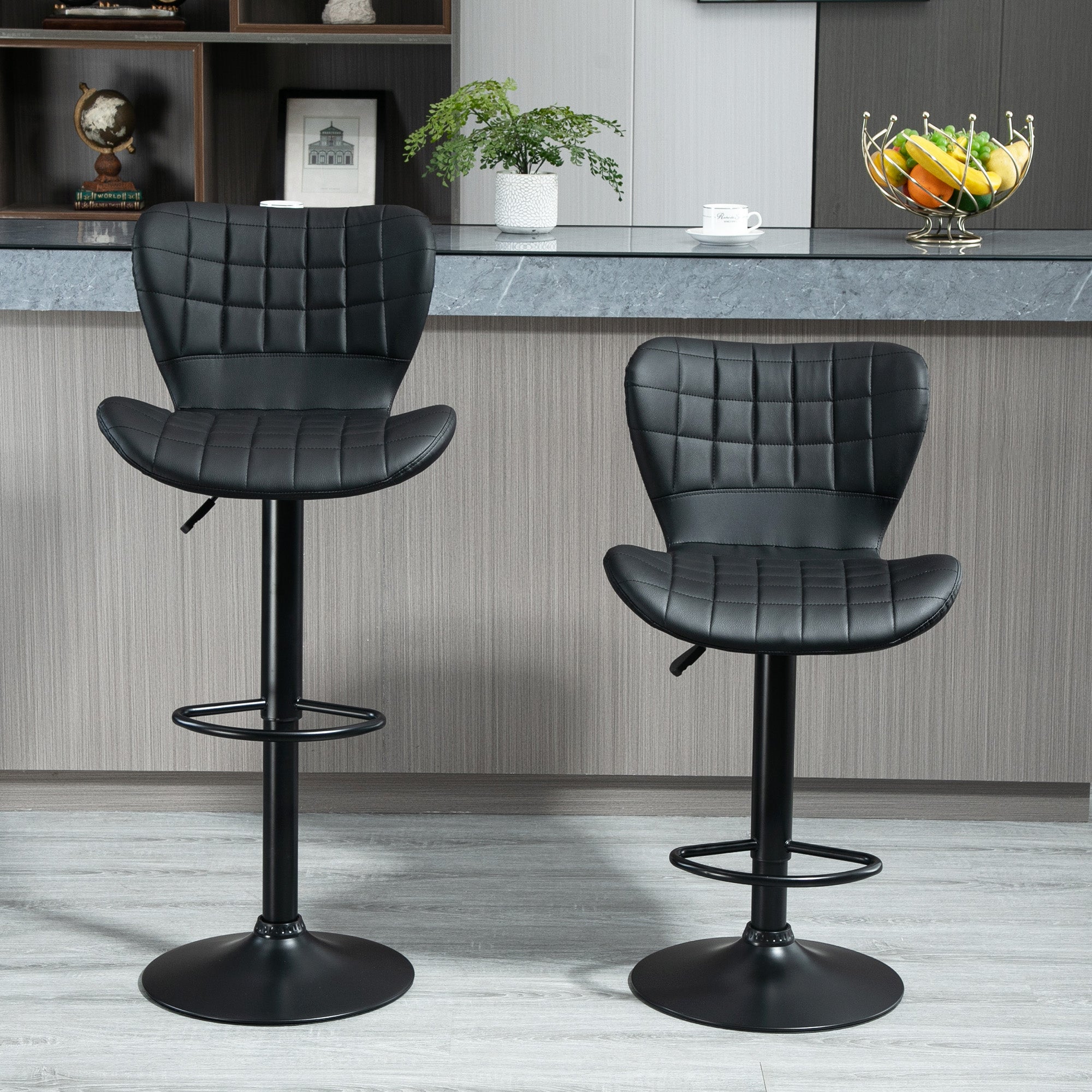 Bar Stools Set of 2, Adjustable Height Swivel Bar Chairs, PU Leather Upholstered Kitchen Counter Stools with Wide Seat, Back and Footrest, Black