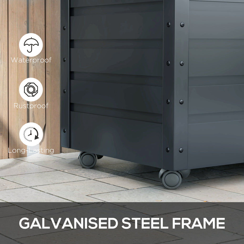 82 Gallon Garden Storage Box, Waterproof Outdoor Storage Container with Wheels and Handles, Dark Grey