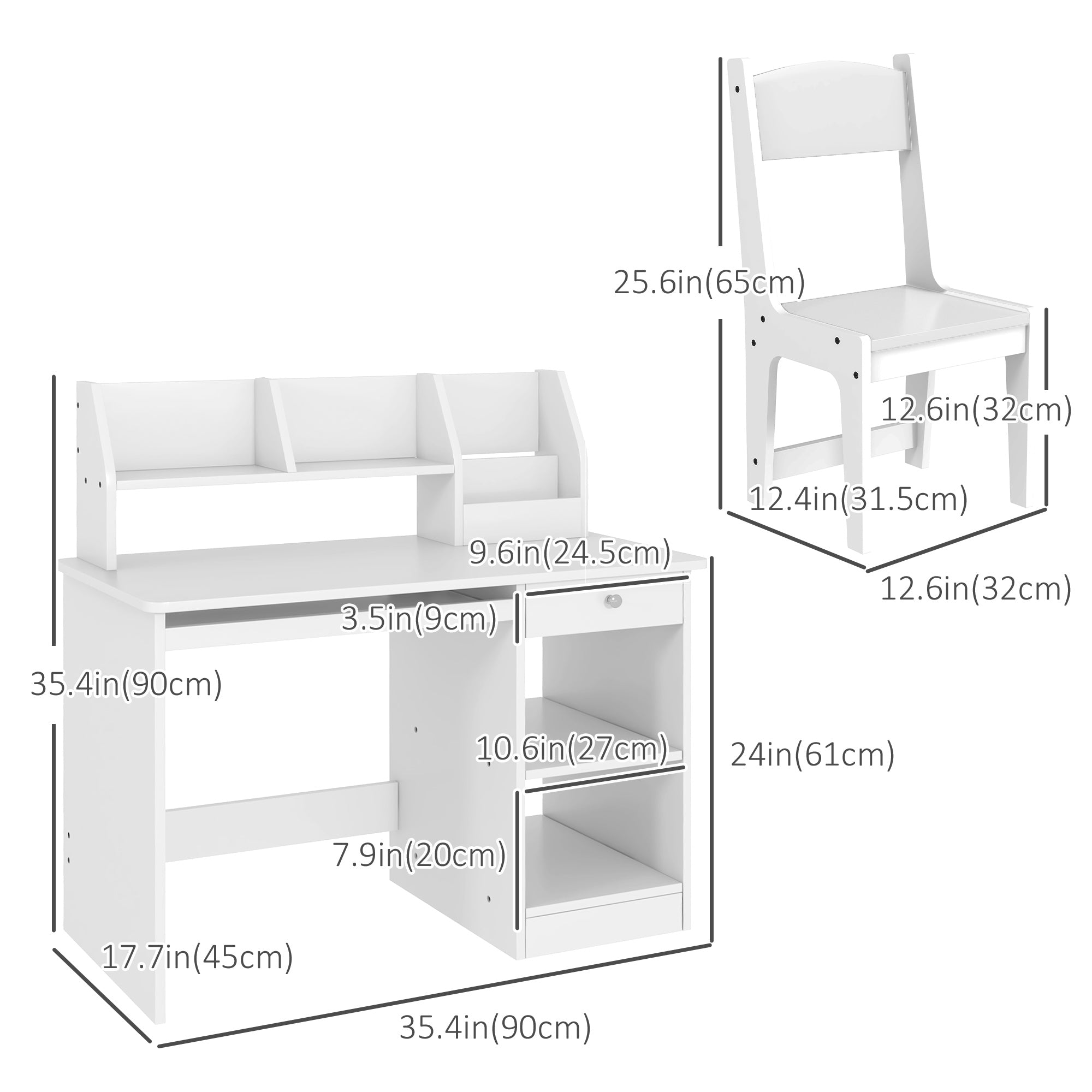 Qaba Kids Desk and Chair Set for 5-8 Year Old with Storage, Study Table and Chair for Children, White