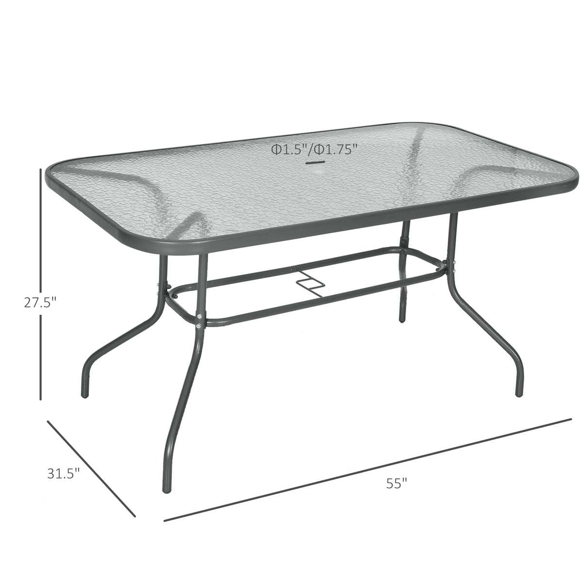 Metal Garden Dining Table with Umbrella Hole, Outdoor Patio Table with Tempered Glass Top, 47.25" x 31.5"