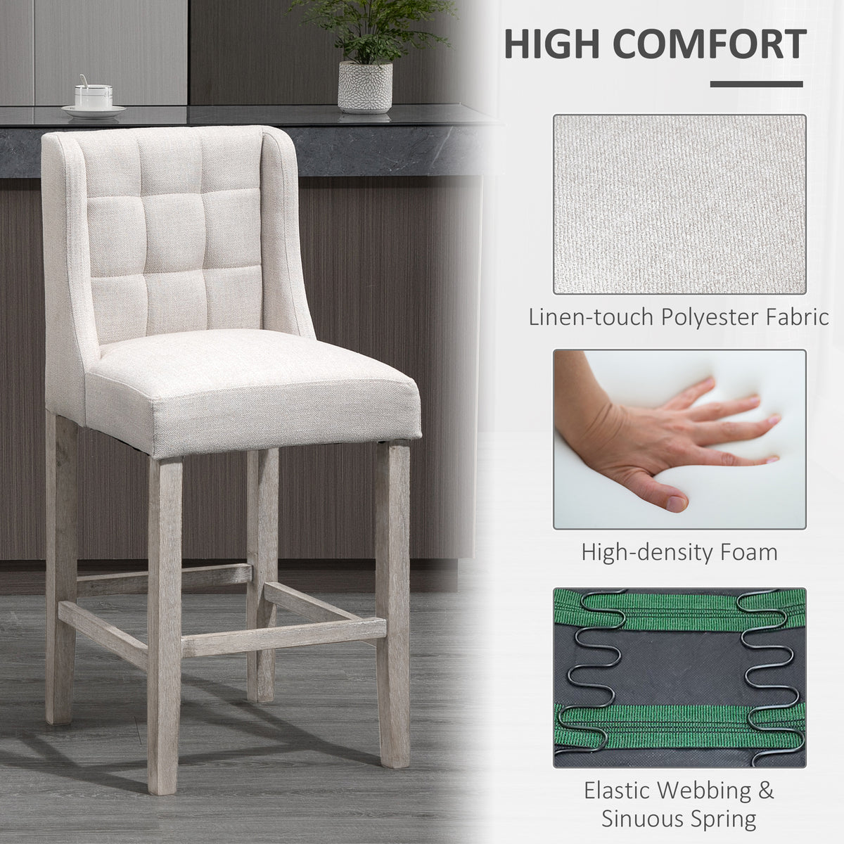 Modern Counter Bar Stools Tufted Upholstered Counter Chairs Set of 2 for Kitchen, Beige