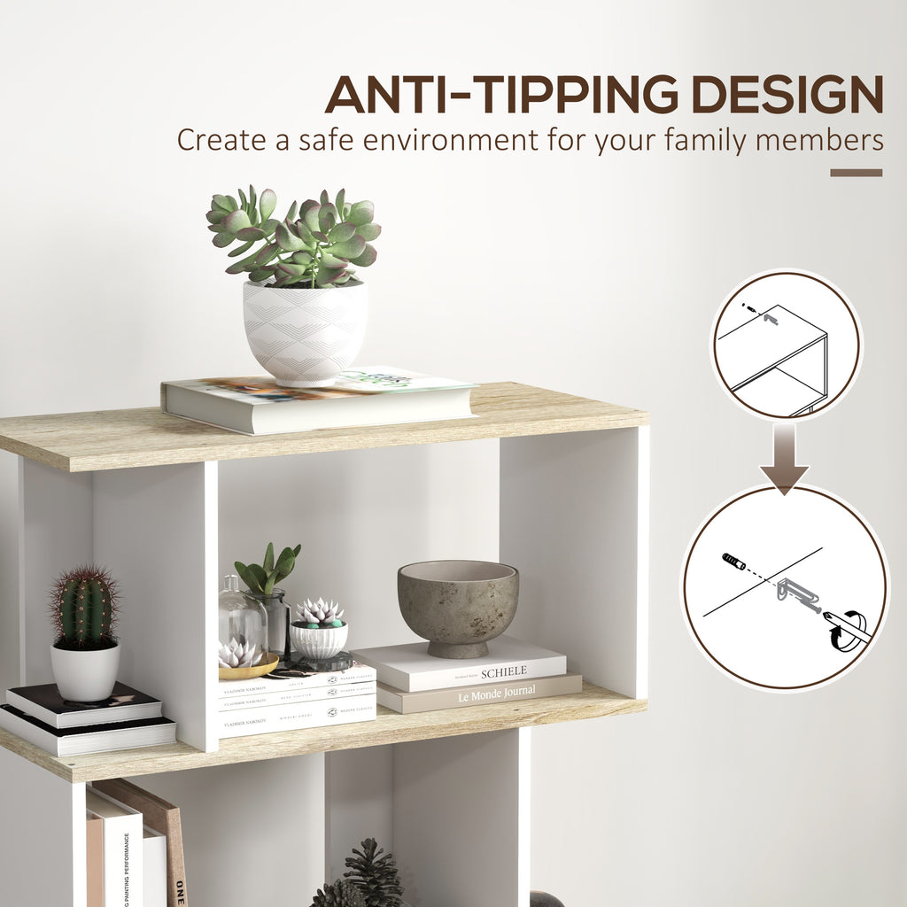 5-Tier Bookshelf, Geometric S Shaped Bookcase, Tall Narrow Display Shelf for for Living Room, Study Room, White