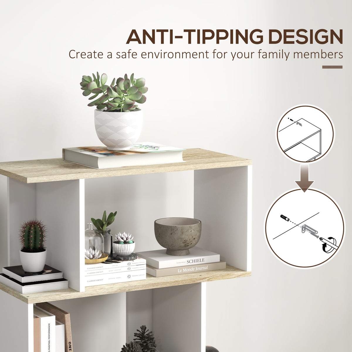 5-Tier Bookshelf, Geometric S Shaped Bookcase, Tall Narrow Display Shelf for for Living Room, Study Room, White